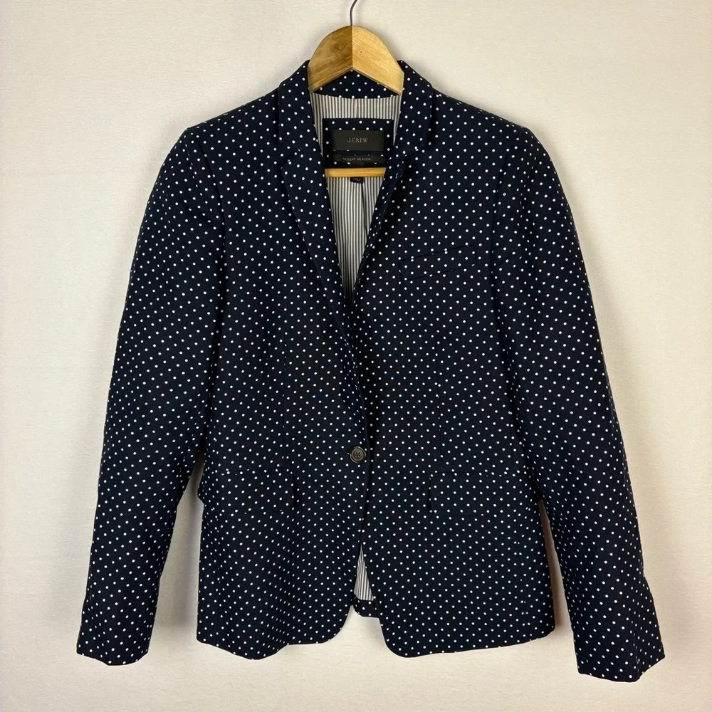 J. Crew 100% Linen Blue and White Polka Dot Regent Blazer